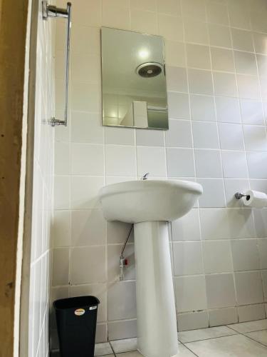 a bathroom with a white sink and a mirror at Ashridge Guesthouse & Safaris in Hazyview