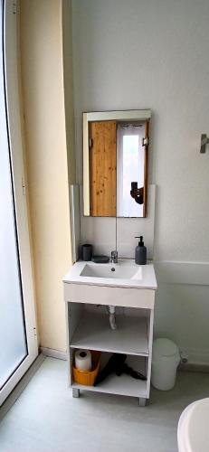 a bathroom with a sink and a mirror at Madeirarooms in Funchal