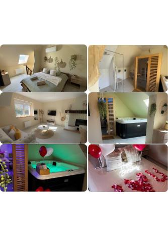un collage de différentes images d'une pièce dans l'établissement Bulle romantique privé avec Jaccuzi et Sauna, à Fontenoy
