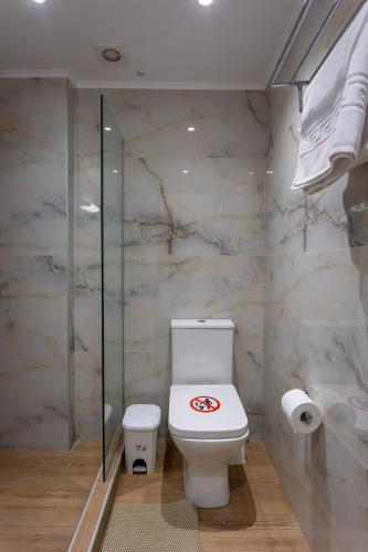 a bathroom with a toilet and a shower at Avra 3 modern apt by the sea in Tsoútsouros