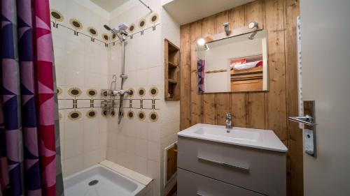 une salle de bain avec un lavabo, une douche et un miroir dans l'établissement Les Etoiles D N64 - ST4, à Allos