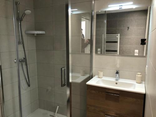 une salle de bain avec une douche, un lavabo et un miroir dans l'établissement Appartement neuf, climatisé et au calme à Fréjus Plage, à Fréjus
