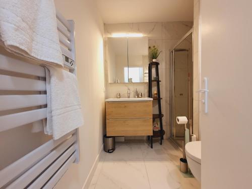une salle de bain avec un lavabo et un miroir dans l'établissement T2 Magellan Centre-ville - Clim Wifi Terrasse - ROSSIconciergerie - Linge inclus, à La Grande Motte
