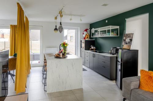 a kitchen with green walls and a black refrigerator at Sauna Moments Villa in Torhout