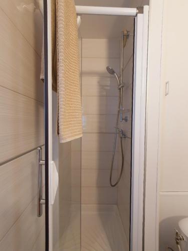 une salle de bain avec une douche avec une porte vitrée dans l'établissement T2 Magellan Parking privé WIFI - Centre-ville - ROSSIconciergerie - Linge en option, à La Grande Motte