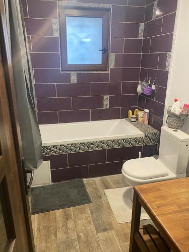 La salle de bains est pourvue d'une baignoire, de toilettes et de carrelage pourpre. dans l'établissement Villa Sorgues, à Sorgues