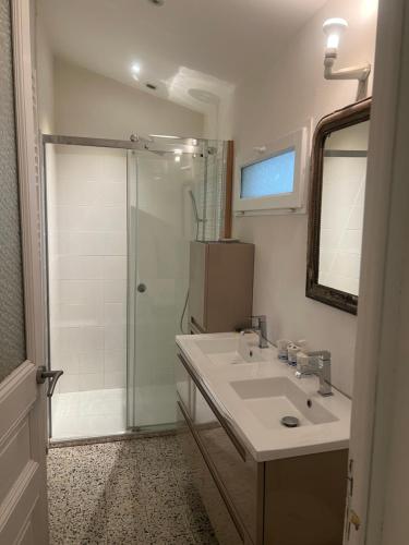 une salle de bain avec un lavabo et une douche dans l'établissement Adorable maison vue mer proche monaco, à La Turbie