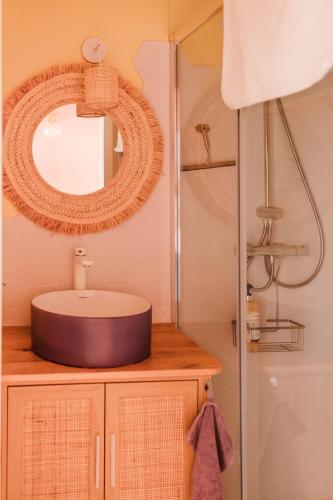 a bathroom with a sink and a mirror at La Maison Gioia in Nerville-la-Forêt