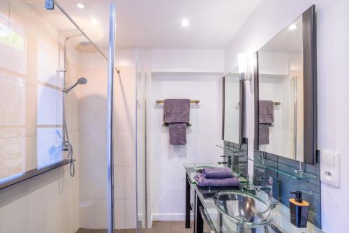 La salle de bains est pourvue d'un lavabo en verre et d'une douche. dans l'établissement Appartement 6 personnes en centre-ville et piscine, à Hyères