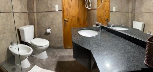 a bathroom with a toilet and a sink at Complejo El Puente in Puerto Madryn