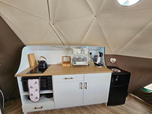 a small kitchen in a tiny house at Drum Farm Hideaways in Carron