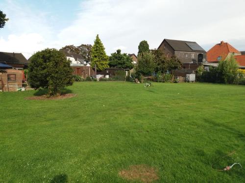 a large grassy yard with a tree and houses at Hartmannshof in Bedburg Hau