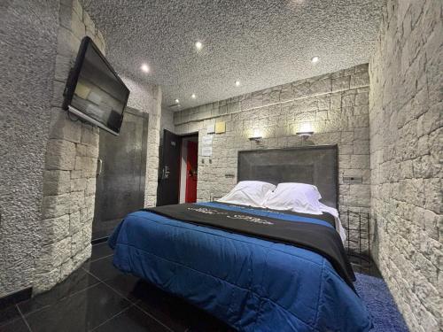 a bedroom with a bed with a tv on a stone wall at Hotel Plata in Ibi