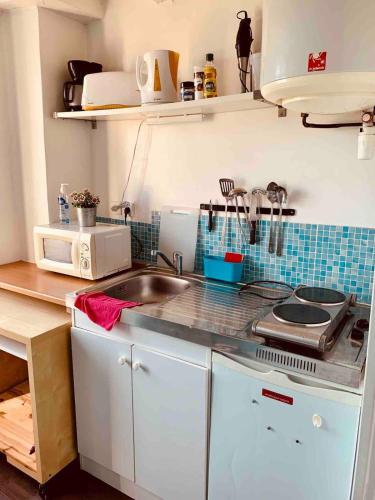 une petite cuisine avec un évier et un micro-ondes dans l'établissement SKY BUBBLE Bright Cosy Studio in Lyon, à Lyon