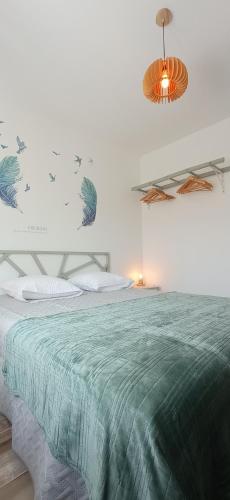 une chambre avec un grand lit avec une couverture verte dans l'établissement Entre Ailes & Îles, à Saint-Nazaire-sur-Charente
