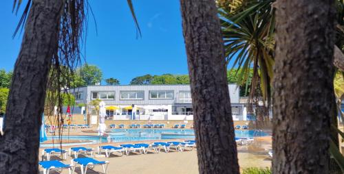a resort with a pool and chairs and palm trees at Hendra Holiday Park in Newquay