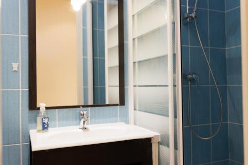 une salle de bain avec un lavabo et une douche avec un miroir dans l'établissement L'Instant Suny Centre-ville, à Saint-Étienne