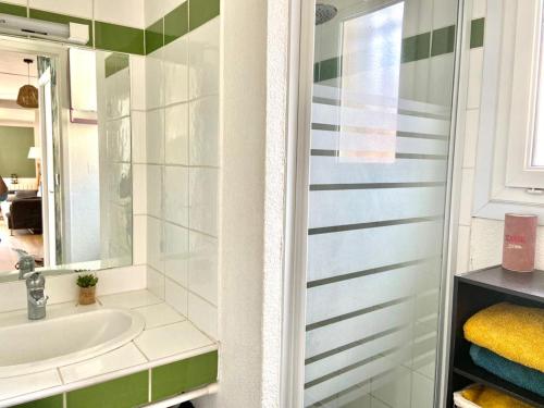 une salle de bain avec un lavabo et un miroir dans l'établissement La maison de Domi, à Montboucher-sur-Jabron