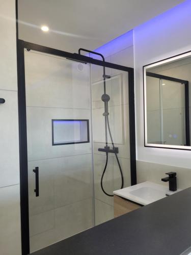 une salle de bain avec une douche avec un lavabo et un miroir dans l'établissement Blue Sand Luxe Vue Mer - Village Naturiste Résidence Héliopolis, au Cap d'Agde