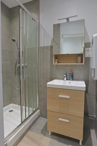 une salle de bain avec un lavabo et une douche dans l'établissement L'Ecrin Secret Centre-ville, à Saint-Étienne