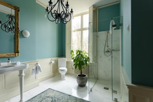 a bathroom with a shower and a toilet and a sink at Landgoed Loenen B&B in Slijk-Ewijk