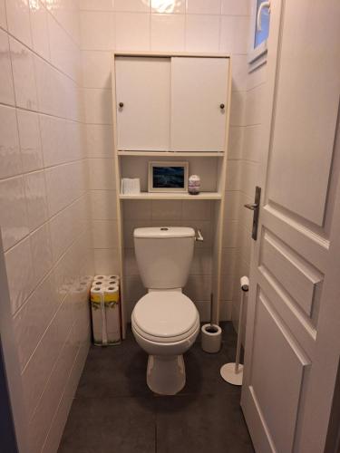 Elle comprend une petite salle de bains pourvue de toilettes blanches. dans l'établissement Loue charmante petite maison dans un écrin de verdure, à Saint-Vivien-de-Médoc