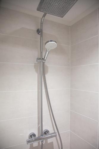 une douche avec pommeau de douche dans une salle de bain dans l'établissement L'océan en toile de fond , appartement cosy, à La Baule