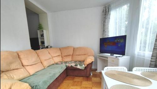 a living room with a couch and a television at By the beach,by Grand Hotel, Central,Molo in Sopot