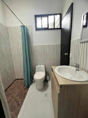 a bathroom with a toilet and a sink at Chalet Casa Campestre Villa del Sol in La Tebaida
