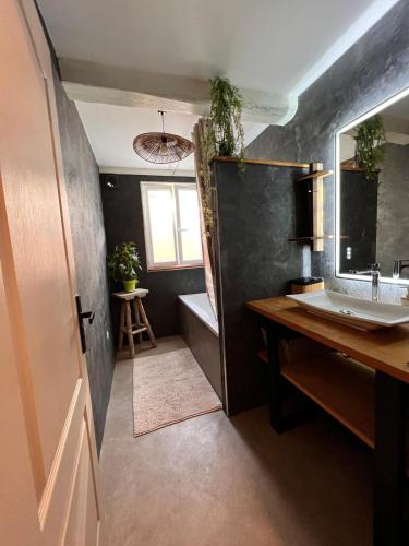 une salle de bain avec un lavabo, une baignoire et un miroir dans l'établissement Charmante Maison de Village avec Terrasse, à Olonzac
