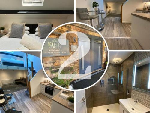 a collage of photos of a living room and a kitchen at King Street Serviced Apartments in Lancaster