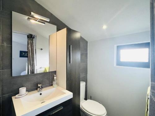 une salle de bain avec un lavabo, des toilettes et un miroir dans l'établissement Appartement Solane 23 Lumio, à Lumio