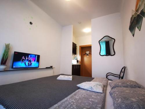 a bedroom with a bed and a flat screen tv at S7 Mint studio apartment in Klaipėda