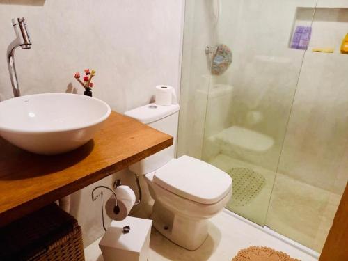 a bathroom with a sink and a toilet and a shower at Casa Aurora, São Francisco Xavier SP in São José dos Campos