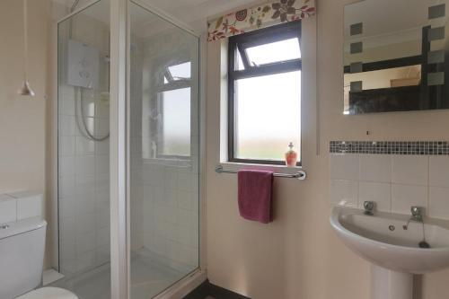 a bathroom with a shower and a sink at Fushia Chalet a lovely little rural retreat in Saxtead