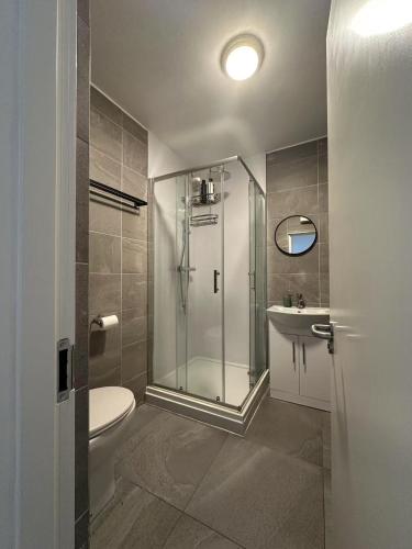 a bathroom with a shower and a toilet and a sink at Abbey Apartments in Dublin