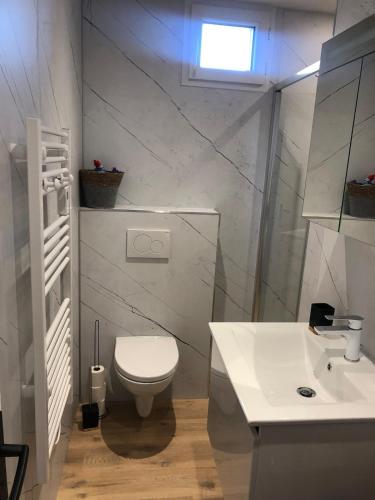 une salle de bain blanche avec des toilettes et un lavabo dans l'établissement Maison Saumur, à Saumur