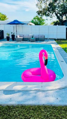 a pink swan float in a swimming pool at Stylish Pool Home in Hollywood