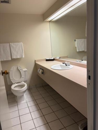 een badkamer met een toilet, een wastafel en een spiegel bij Westlock Inn & Conference Centre in Westlock