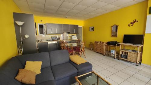 un salon avec un canapé bleu et une cuisine dans l'établissement Appartement au calme en rdc, à Banyuls-sur-Mer