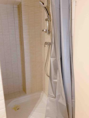 une douche avec un rideau de douche dans une salle de bain dans l'établissement Cozy Loft City Center Croix-Rousse, à Lyon
