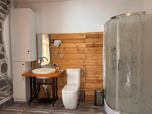 a bathroom with a toilet and a sink and a shower at Hnameni Stepanavan Guesthouse - Hotel in Stepʼanavan