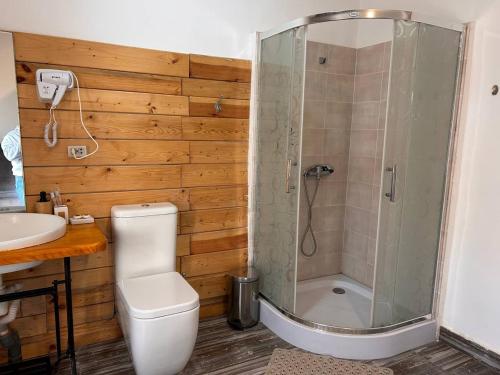 a bathroom with a shower and a toilet and a sink at Hnameni Stepanavan Guesthouse - Hotel in Stepʼanavan