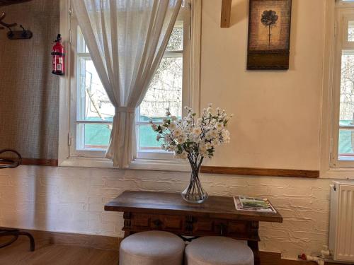 a vase of flowers on a table in front of a window at Hnameni Stepanavan Guesthouse - Hotel in Stepʼanavan