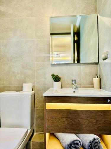 a bathroom with a sink and a mirror and a toilet at Laguna verde in Los Ángeles