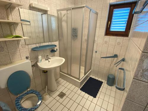 un bagno con doccia, WC e lavandino di Ferienhaus Soline a Soline