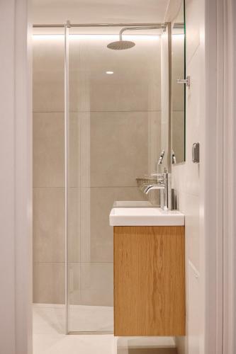 a bathroom with a sink and a shower at La Stella Apartment Thisio in Athens