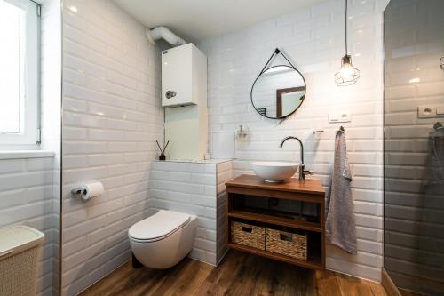un bagno con lavandino, WC e specchio di Útulný a štýlový apartmán v centre mesta a Prešov
