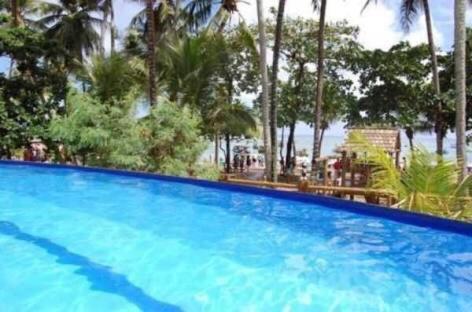 una gran piscina azul con palmeras en el fondo en Enseada Praia do Forte, en Praia do Forte