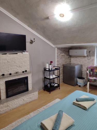 a living room with a fireplace and a tv at President app Arandjelovac in Arandjelovac